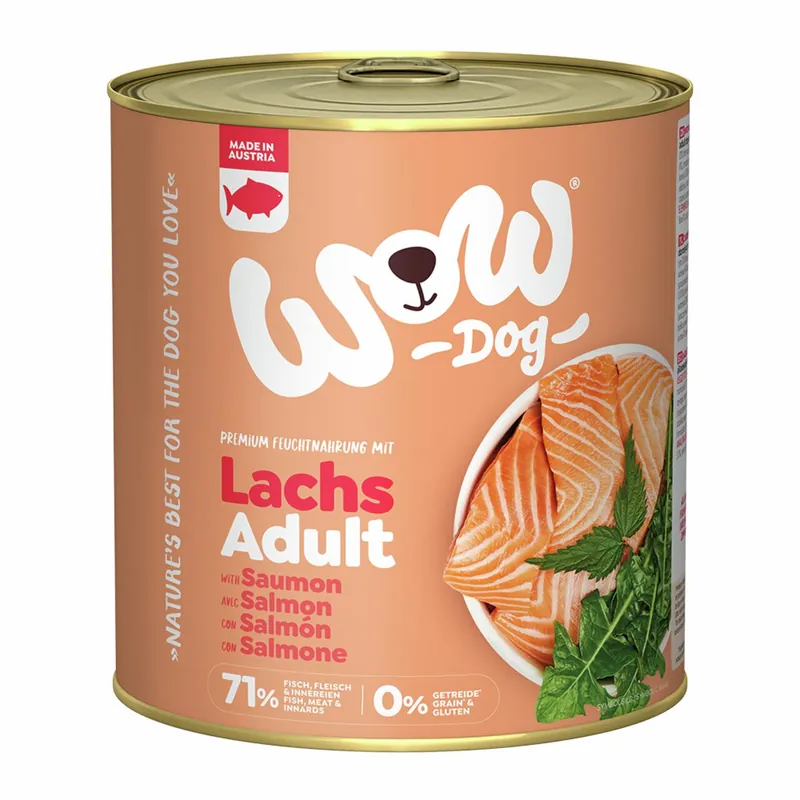 Sparpaket 24 x 800 g Wow Adult Lachs mit Löwenzahn + Brennnessel Hunde Nassfutter Ausverkauf
